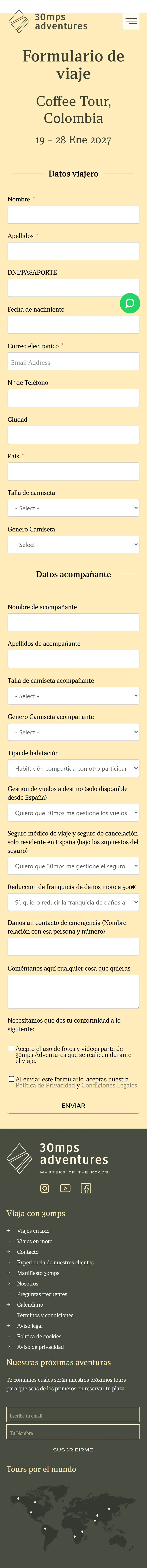 Formulario de inscripción al viaje «Coffee Tour, Colombia» en móvil: datos del viajero y del acompañante.