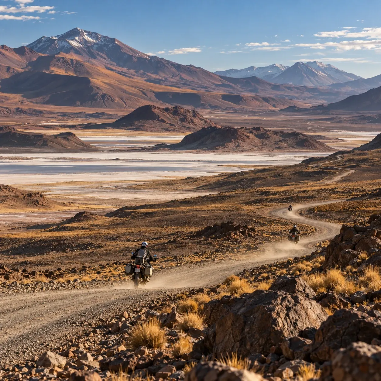 Moteros de aventura por una pista de tierra en el altiplano, con salares y volcanes nevados al fondo.
