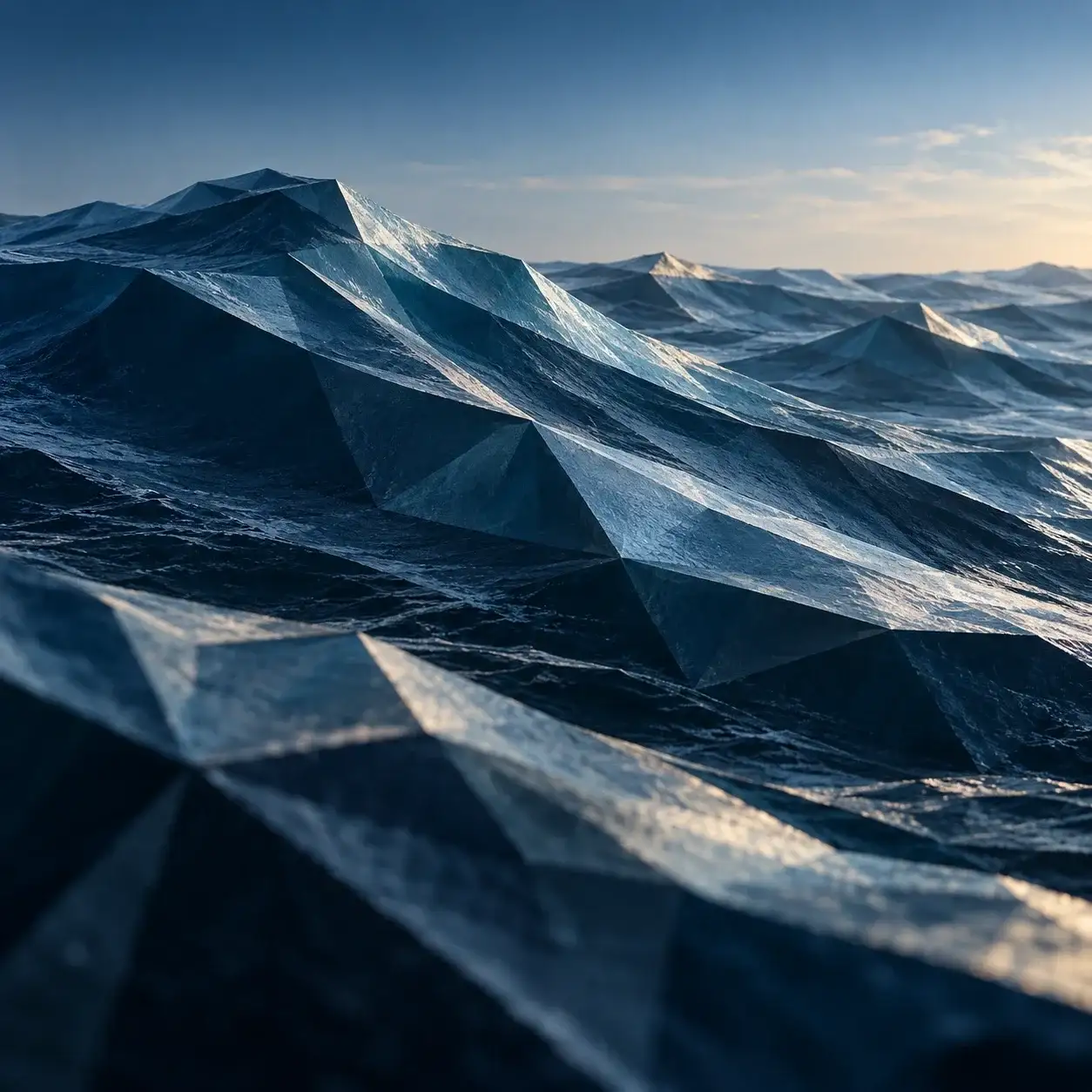 Mar de olas facetadas en estilo low-poly, en azules profundos, bajo la luz del atardecer.
