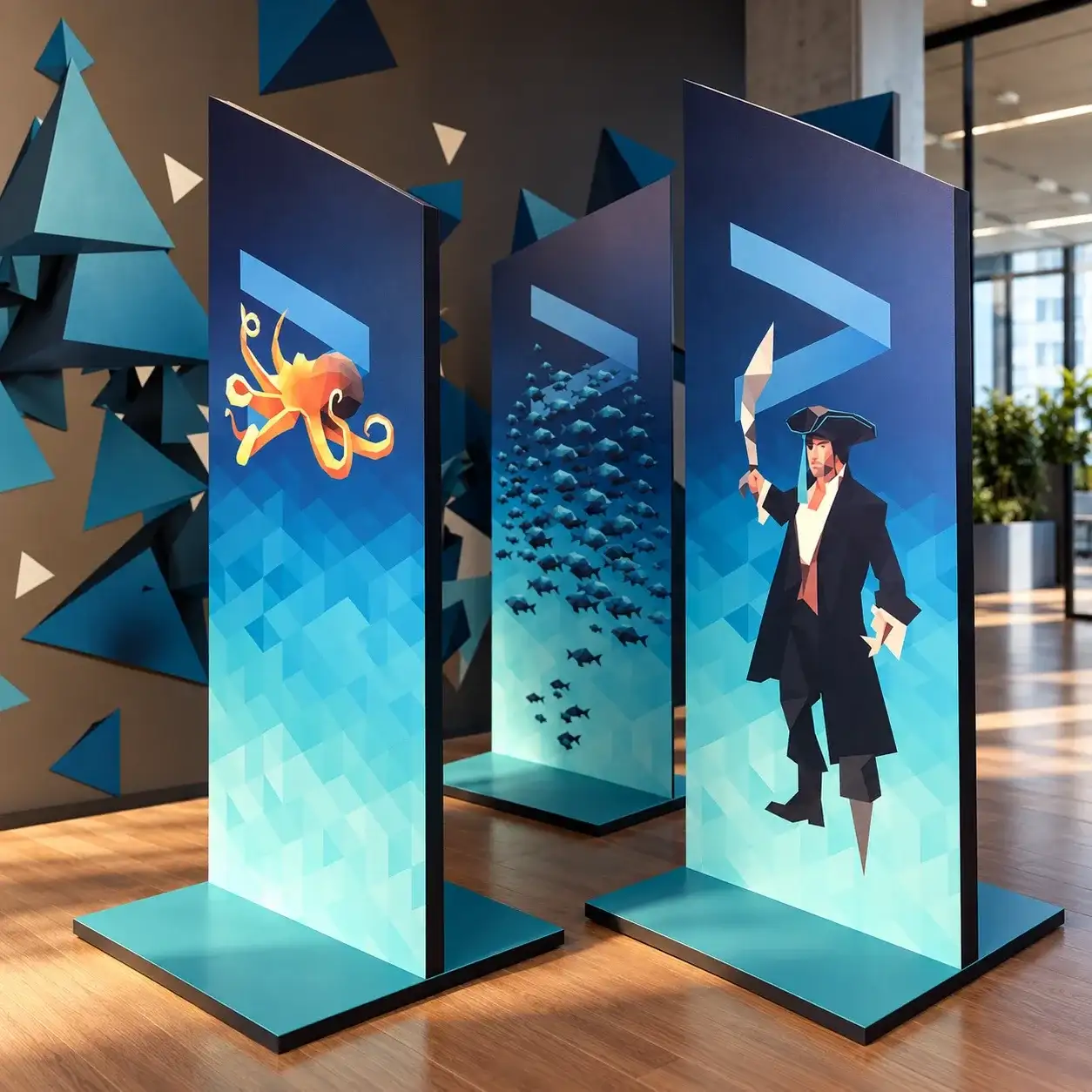 Tres tótems azules con un pulpo, un banco de peces y un pirata en estilo low-poly.