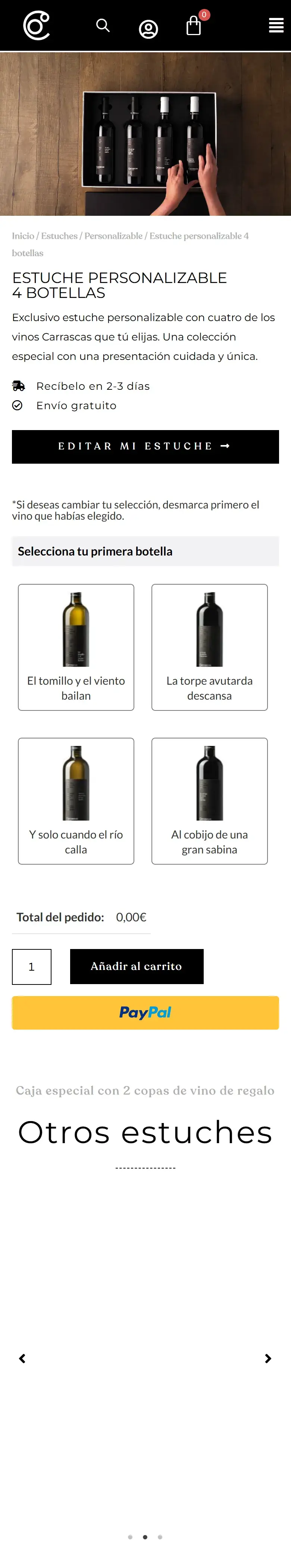 Estuche personalizable de cuatro botellas en el móvil: el cliente elige cada vino.