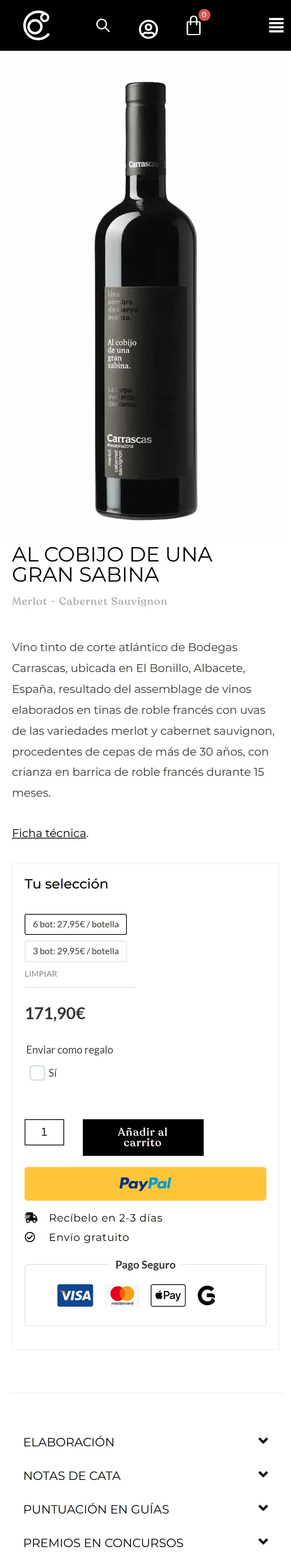 Ficha de un vino de Carrascas en el móvil, con la selección de caja y el precio.