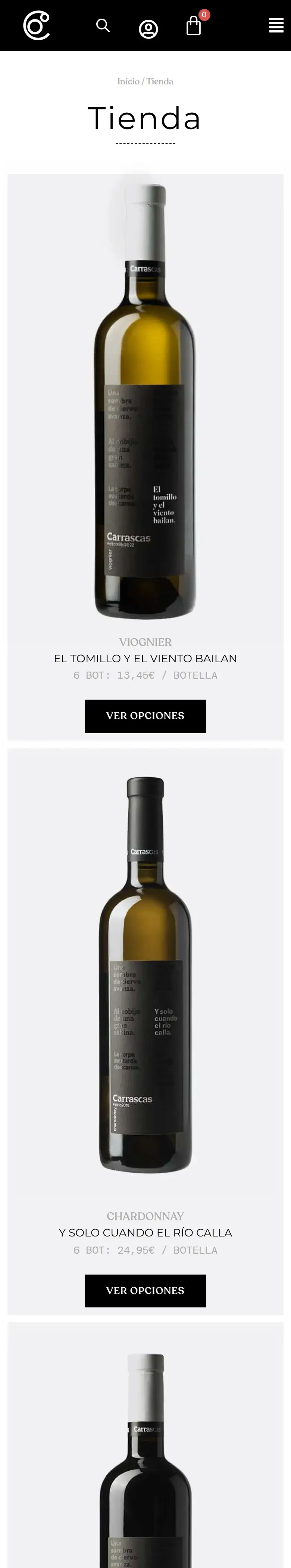 Tienda de Carrascas en el móvil con el precio por botella de cada caja.