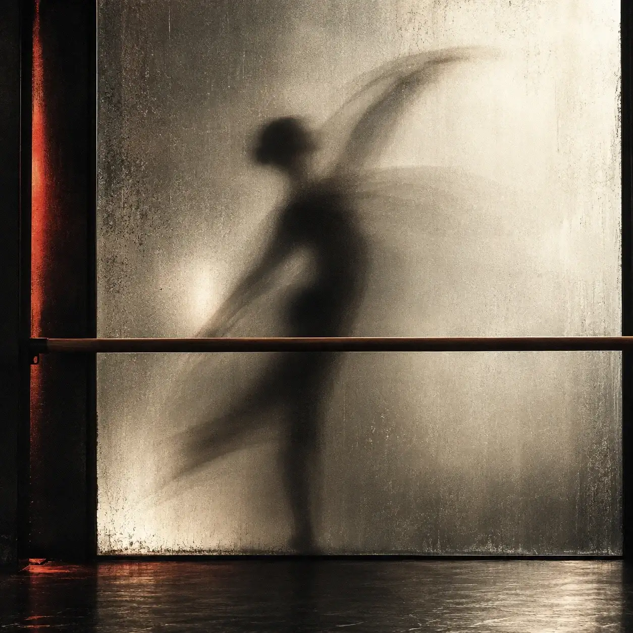 Silueta de una bailarina en movimiento detrás de un cristal esmerilado, junto a una barra de ballet.
