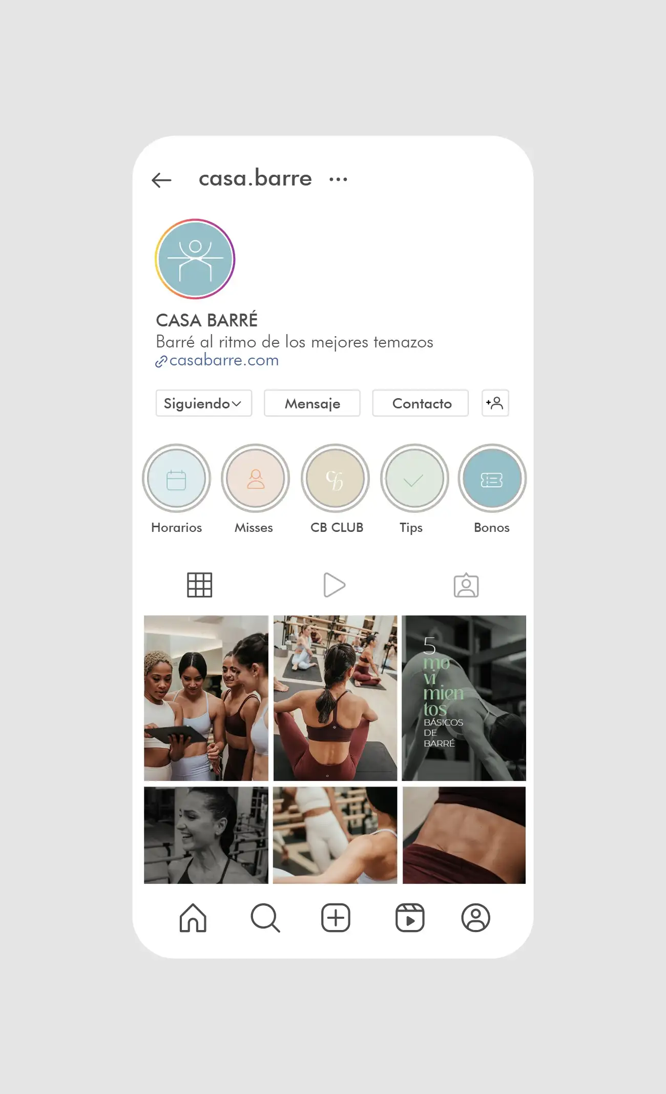 Perfil de Instagram de Casa Barré con destacadas de colores: horarios, misses, CB Club, tips y bonos.