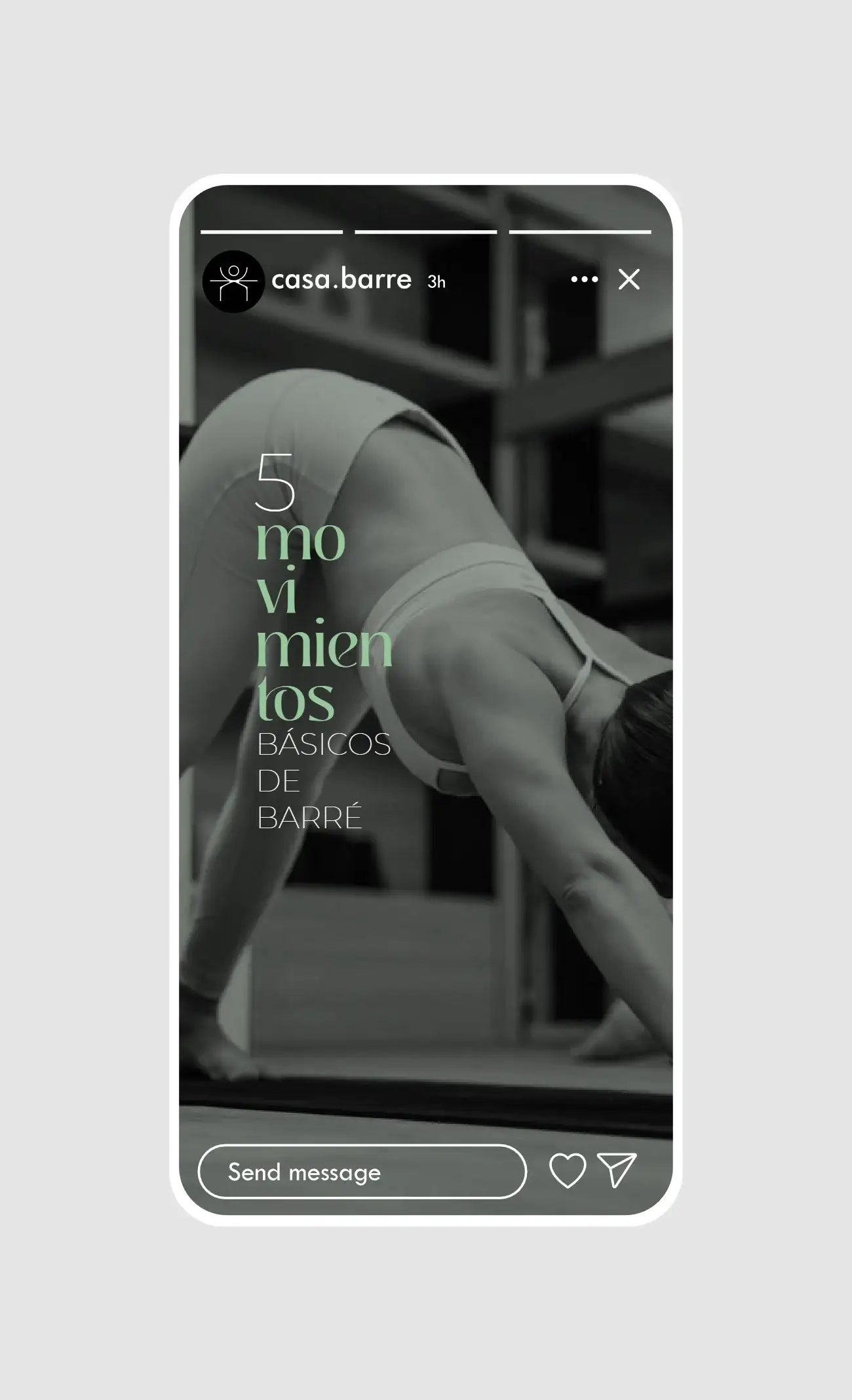 Story «5 movimientos básicos de barré» con la palabra rota en sílabas sobre una foto en penumbra.