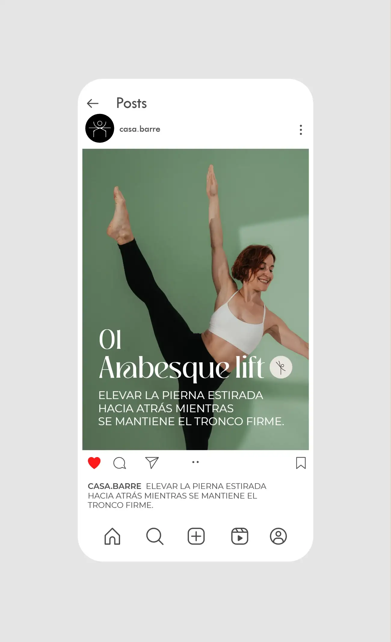 Post de Casa Barré «01 Arabesque lift» explicando un ejercicio con una foto de una alumna.