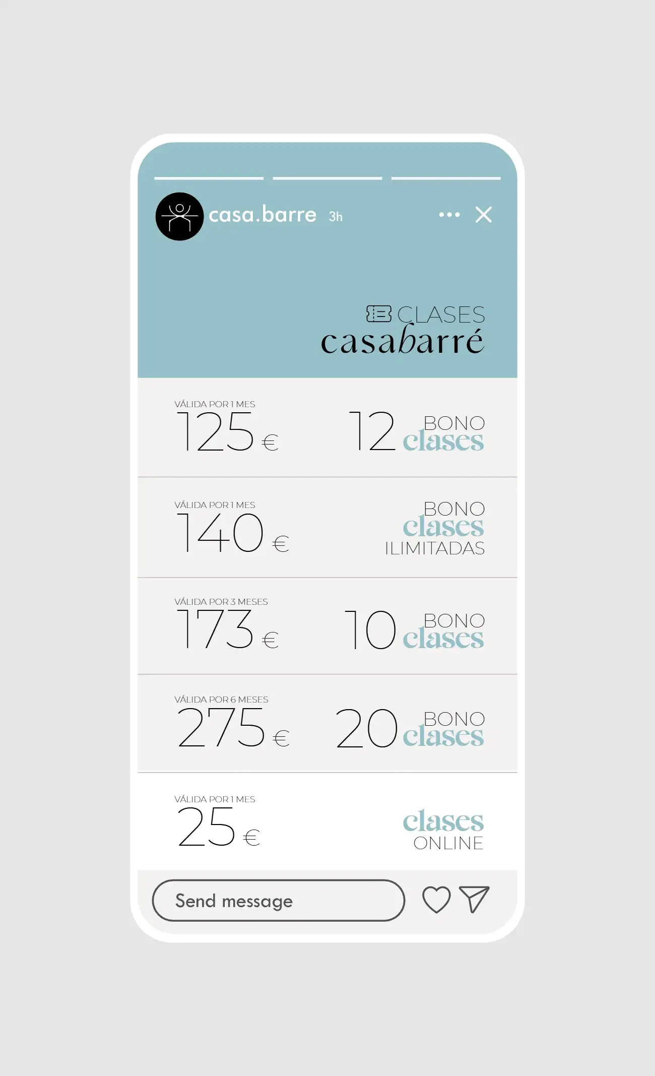 Story de precios de Casa Barré: bonos de clases con sus importes.