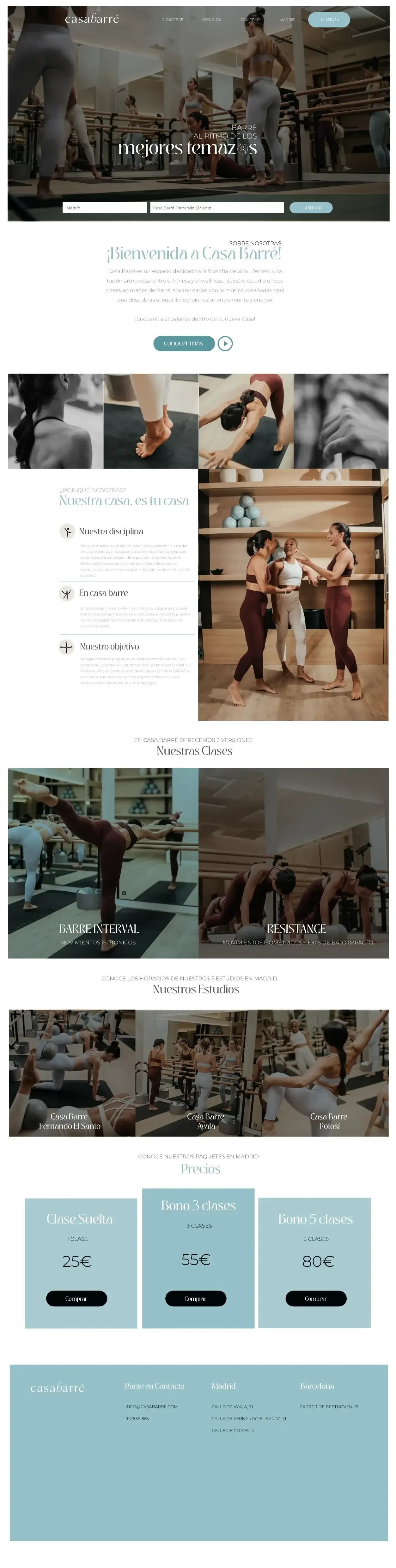 Diseño de la web de Casa Barré: «Bienvenida a Casa Barré», disciplinas, clases, estudios y precios.