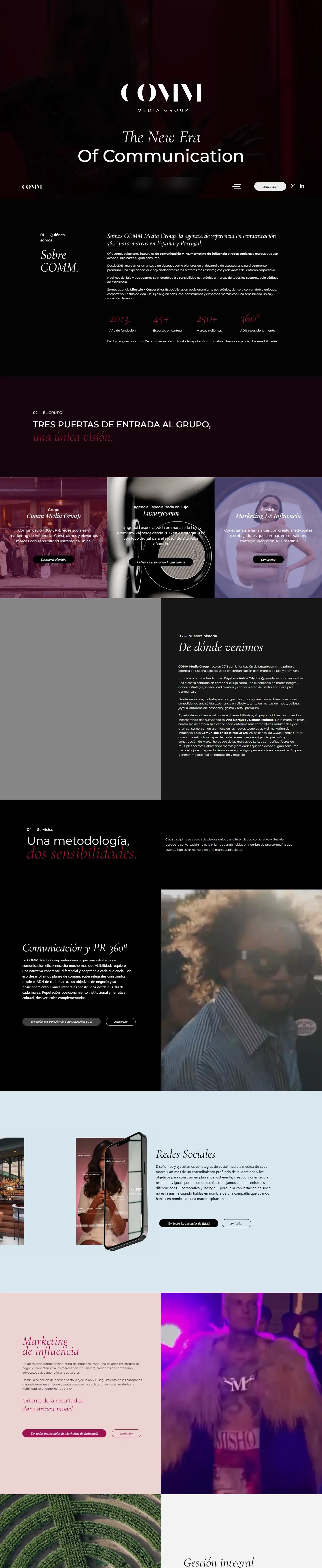 Web de COMM Media Group: portada «The New Era of Communication», el grupo, su historia y sus servicios.