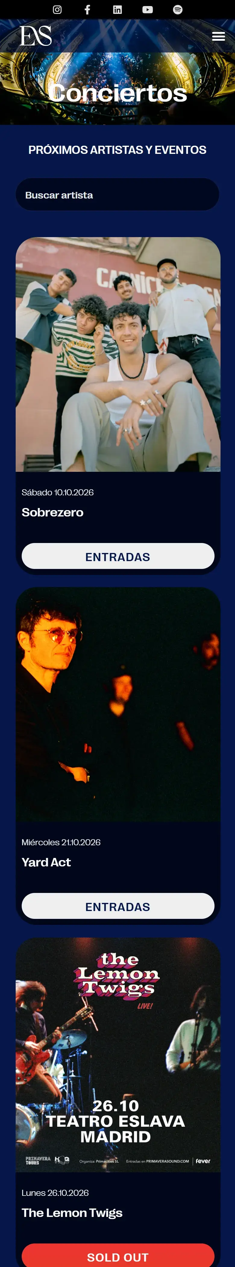 Listado de conciertos del Teatro Eslava en el móvil, con buscador por artista.