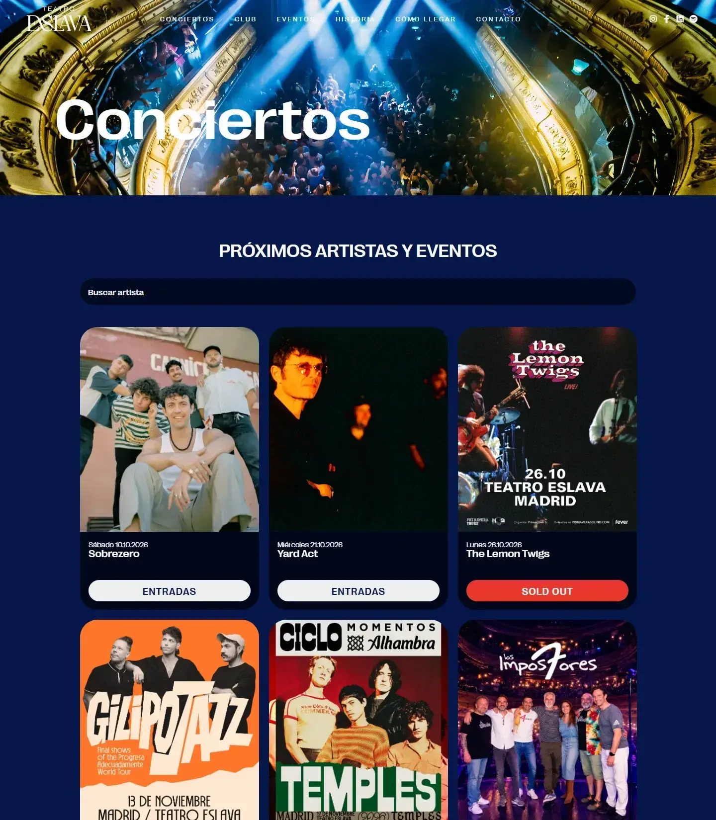 Listado de conciertos del Teatro Eslava con carteles, fechas y botones de entradas o sold out.