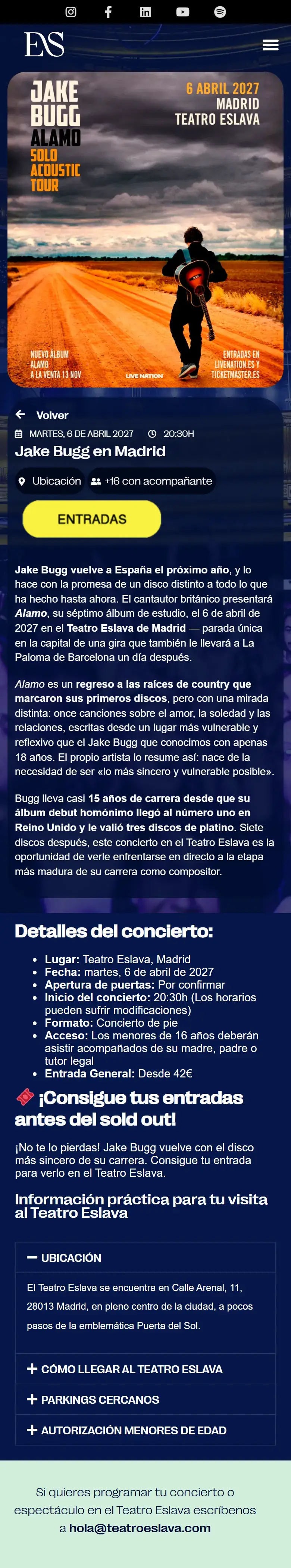 Ficha de un concierto del Teatro Eslava en el móvil.