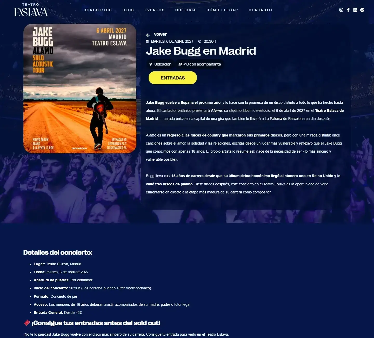 Ficha de concierto del Teatro Eslava con el cartel, los detalles del concierto y el botón de entradas.