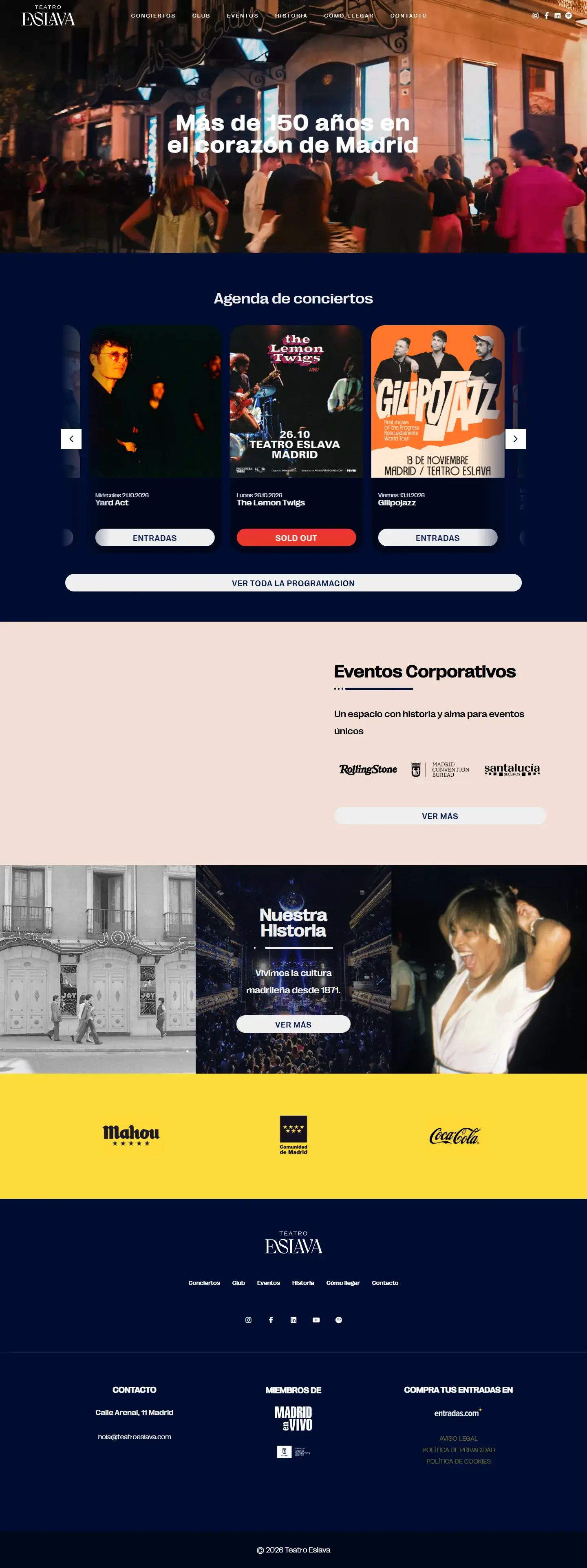Web del Teatro Eslava: «Más de 150 años en el corazón de Madrid», agenda de conciertos, eventos corporativos e historia.