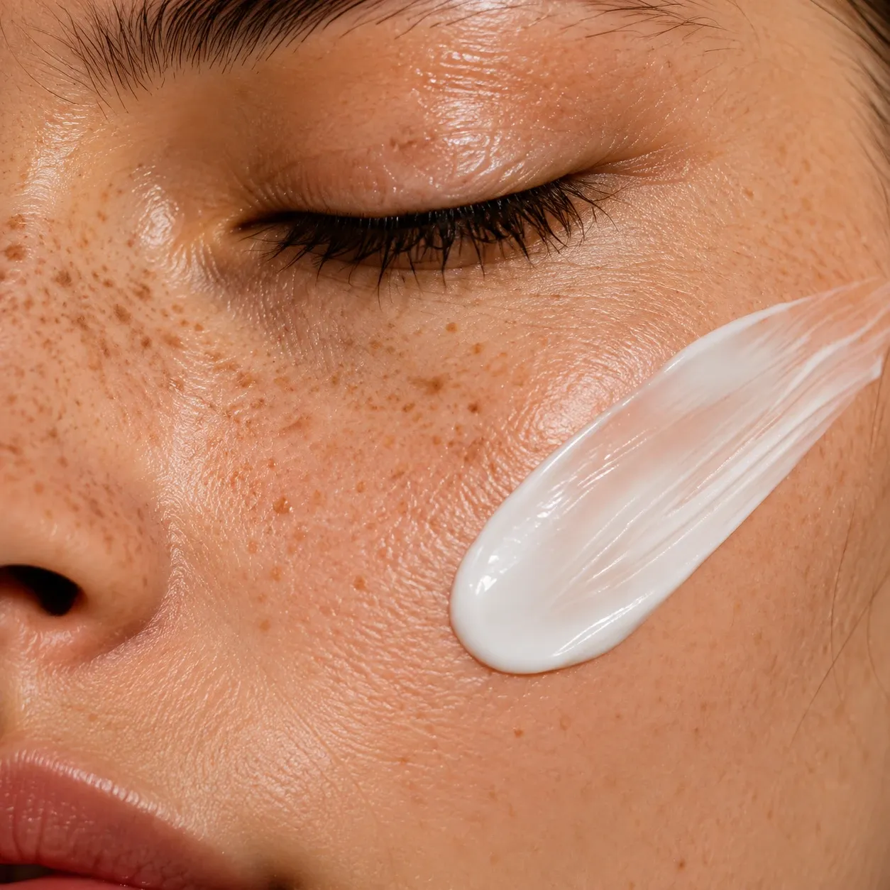 Primer plano de un rostro con pecas y una pincelada de crema sobre la mejilla.