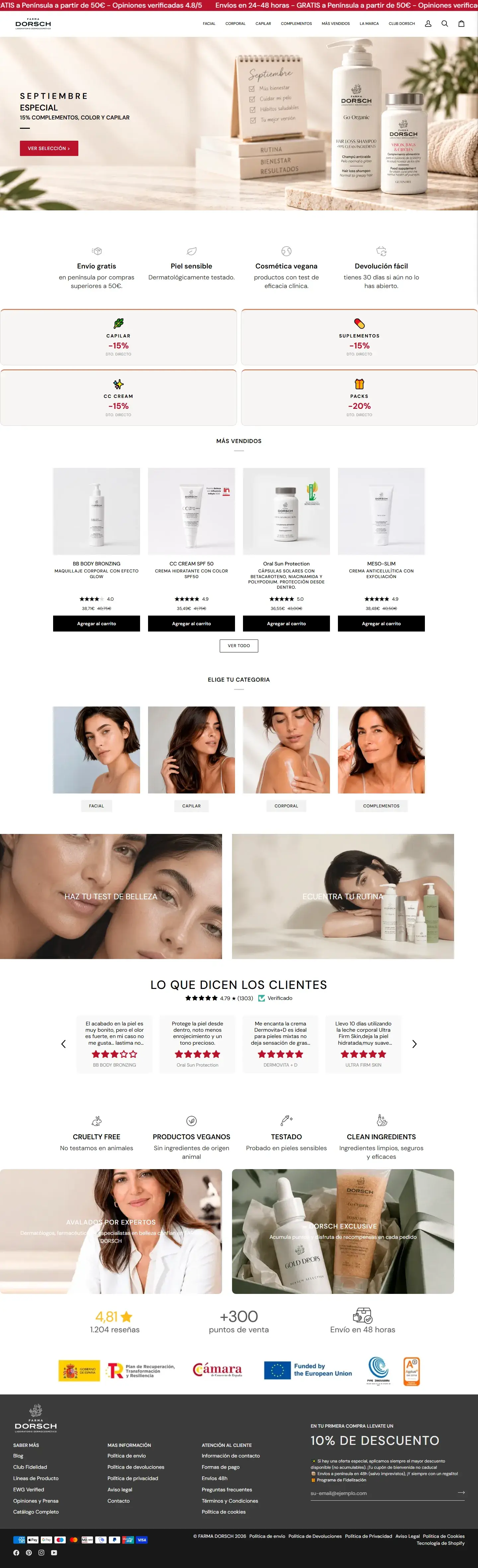 Tienda online de Farma Dorsch en Shopify: portada con campaña, categorías, productos más vendidos y opiniones de clientes.