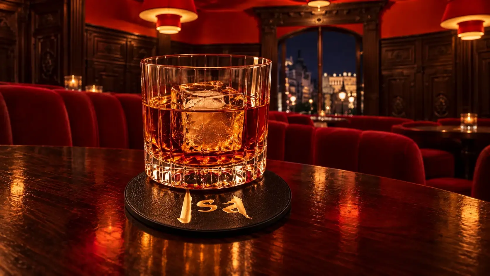 Vaso de whisky sobre un posavasos negro con el logotipo de Isa en oro.