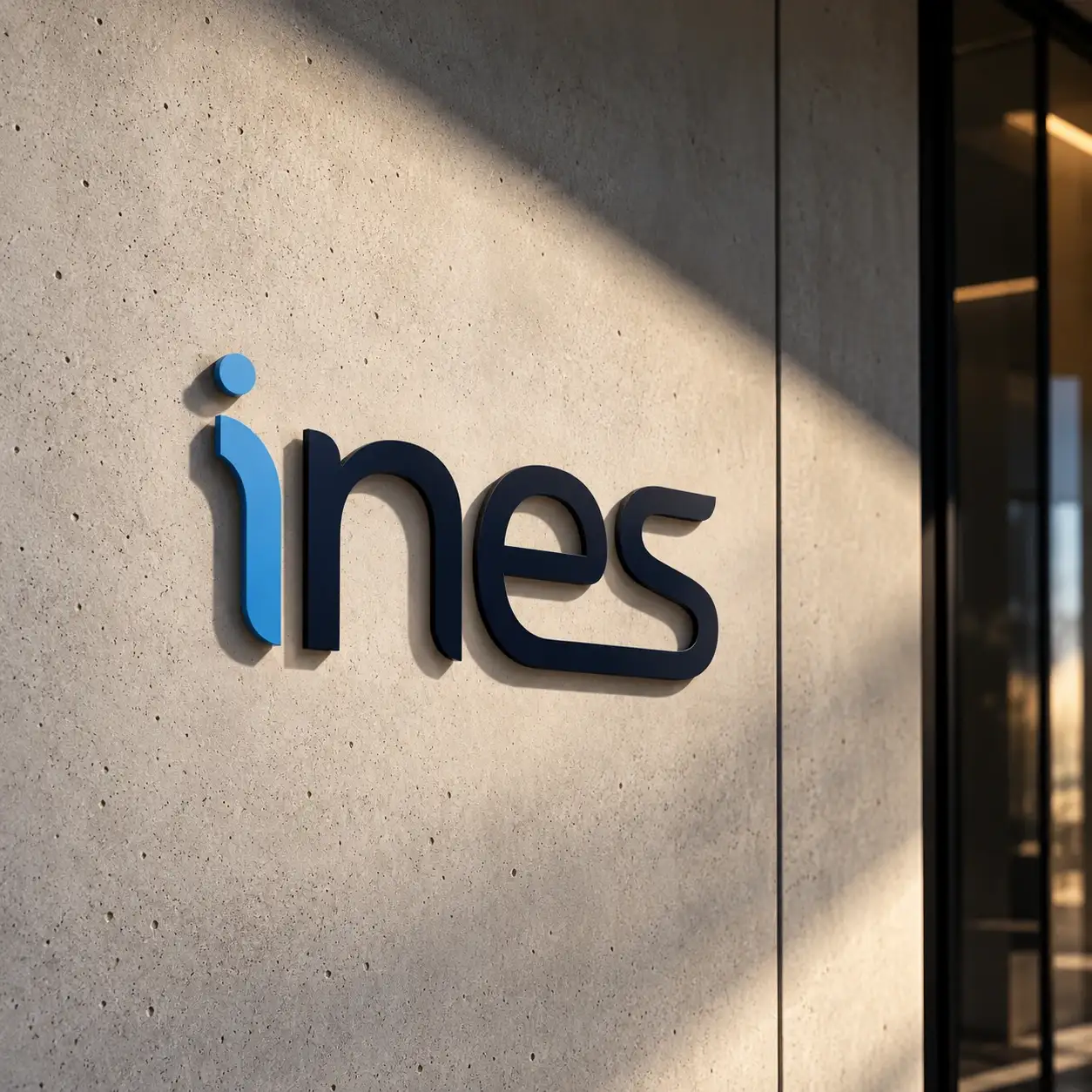 Logotipo de INES en letras corpóreas sobre una fachada de hormigón iluminada por el sol.