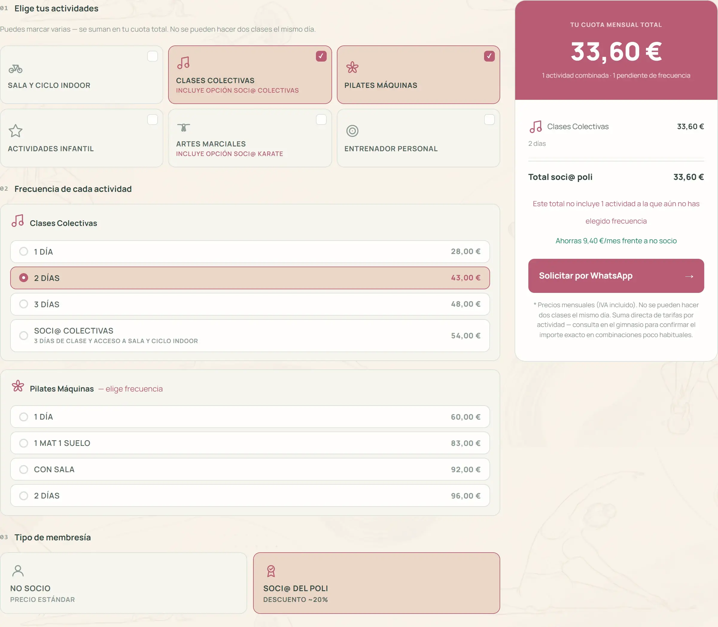 Calculadora de cuotas de Okinawa con clases colectivas y pilates máquina elegidas y el total mensual.