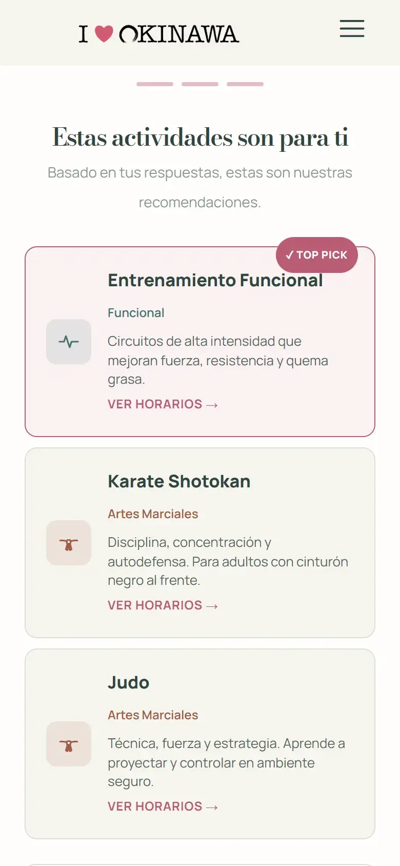 Resultado del recomendador de Okinawa en el móvil.