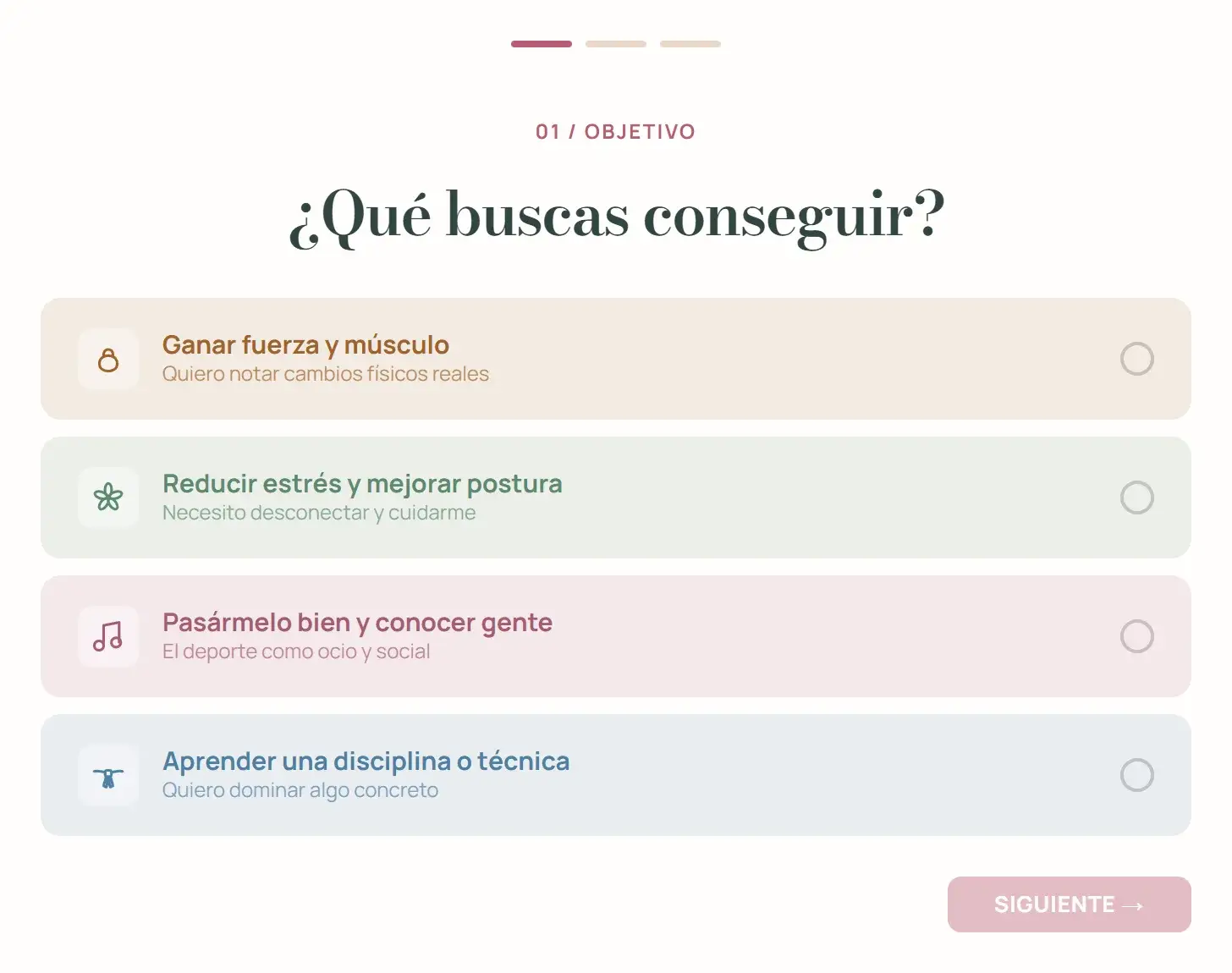 Recomendador de Okinawa: pregunta «¿Qué buscas conseguir?» con cuatro opciones.