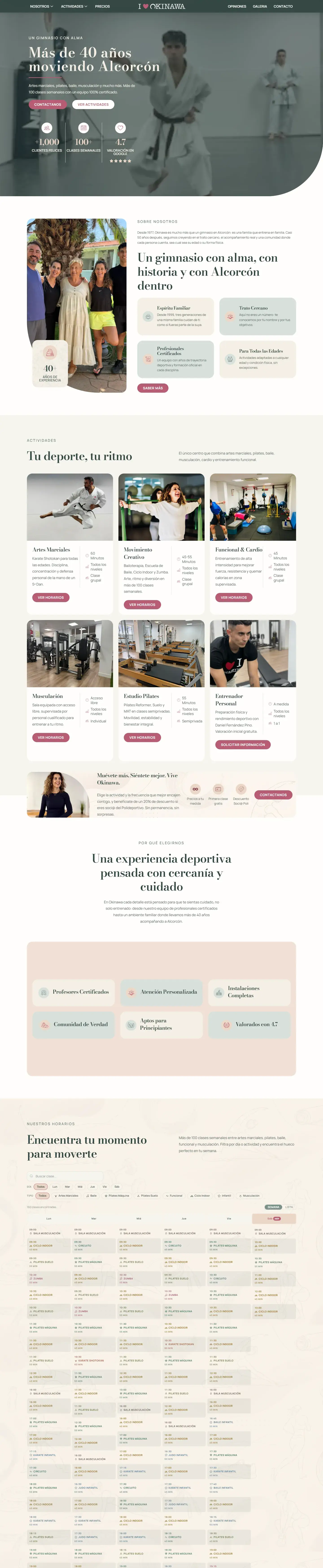 Web de Gimnasio Okinawa: portada «Un gimnasio con alma», actividades, horarios y precios.