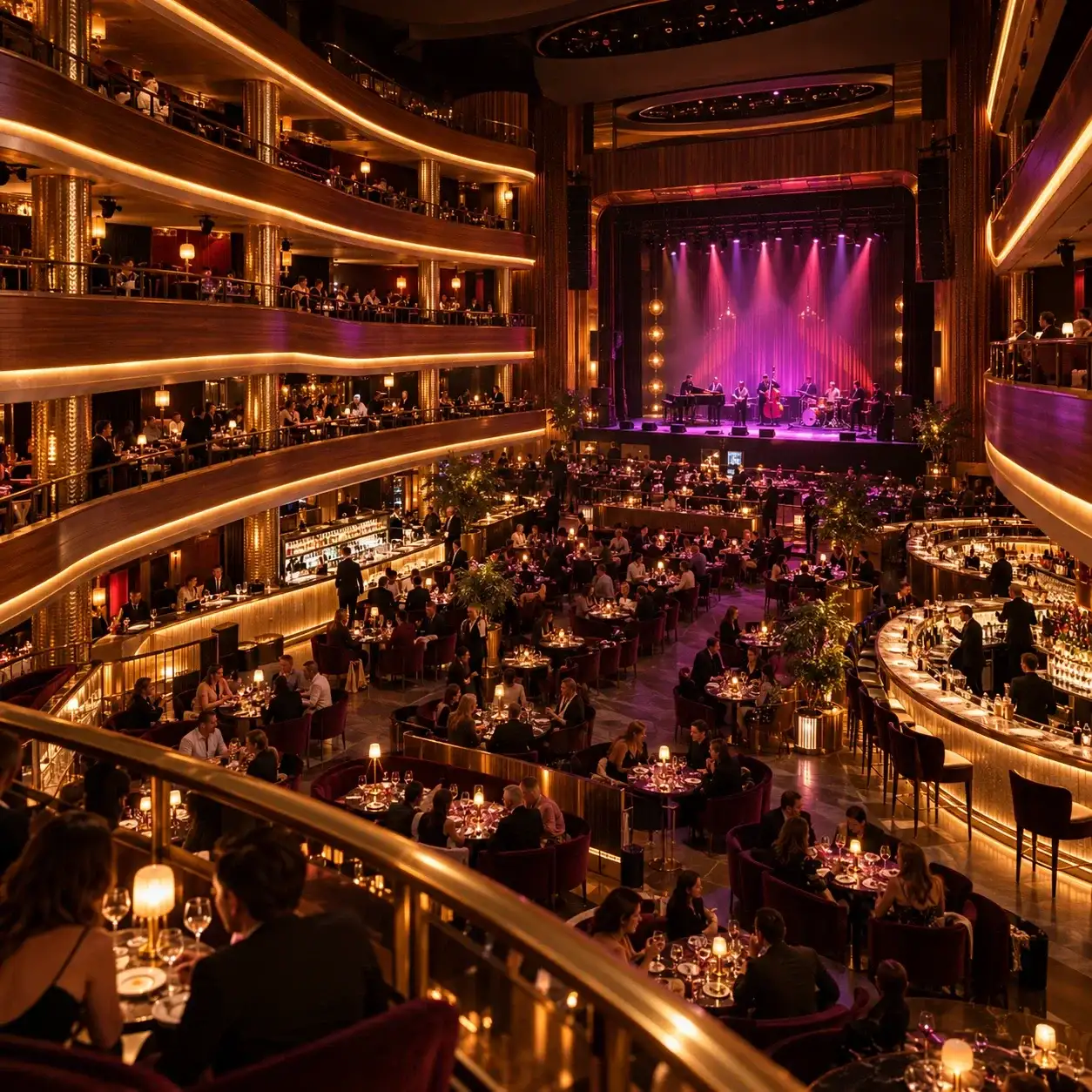 Sala de Platea llena de mesas, con balcones curvos iluminados en dorado y una banda de jazz sobre el escenario.