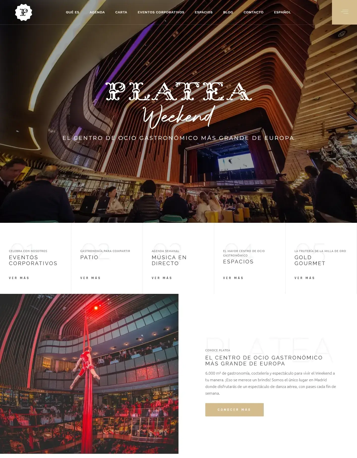 Web de Platea: portada con la sala del antiguo cine Carlos III, accesos a eventos, patio, música en directo y espacios.