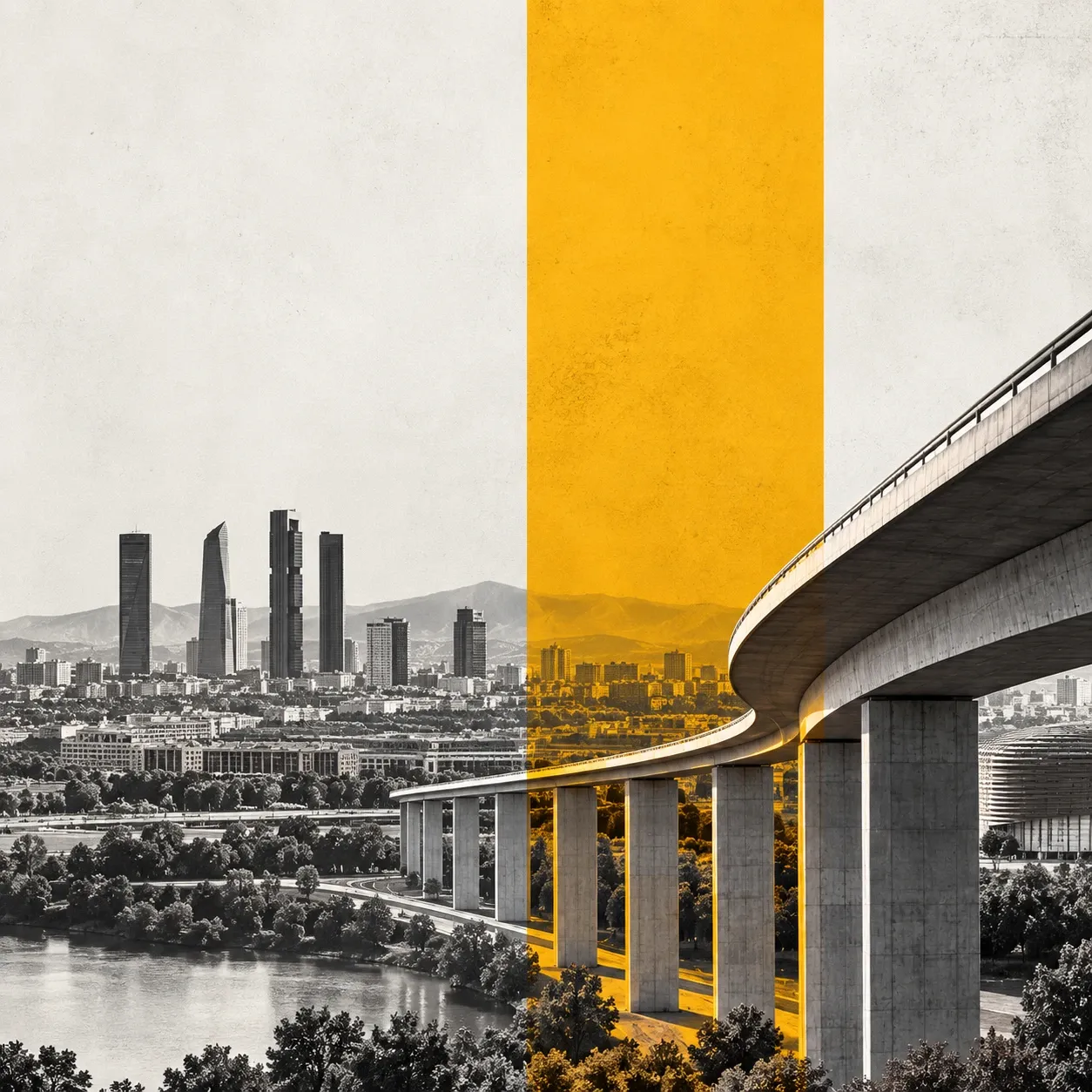 Collage en blanco y negro del skyline de Madrid y un viaducto, atravesado por una franja amarilla.