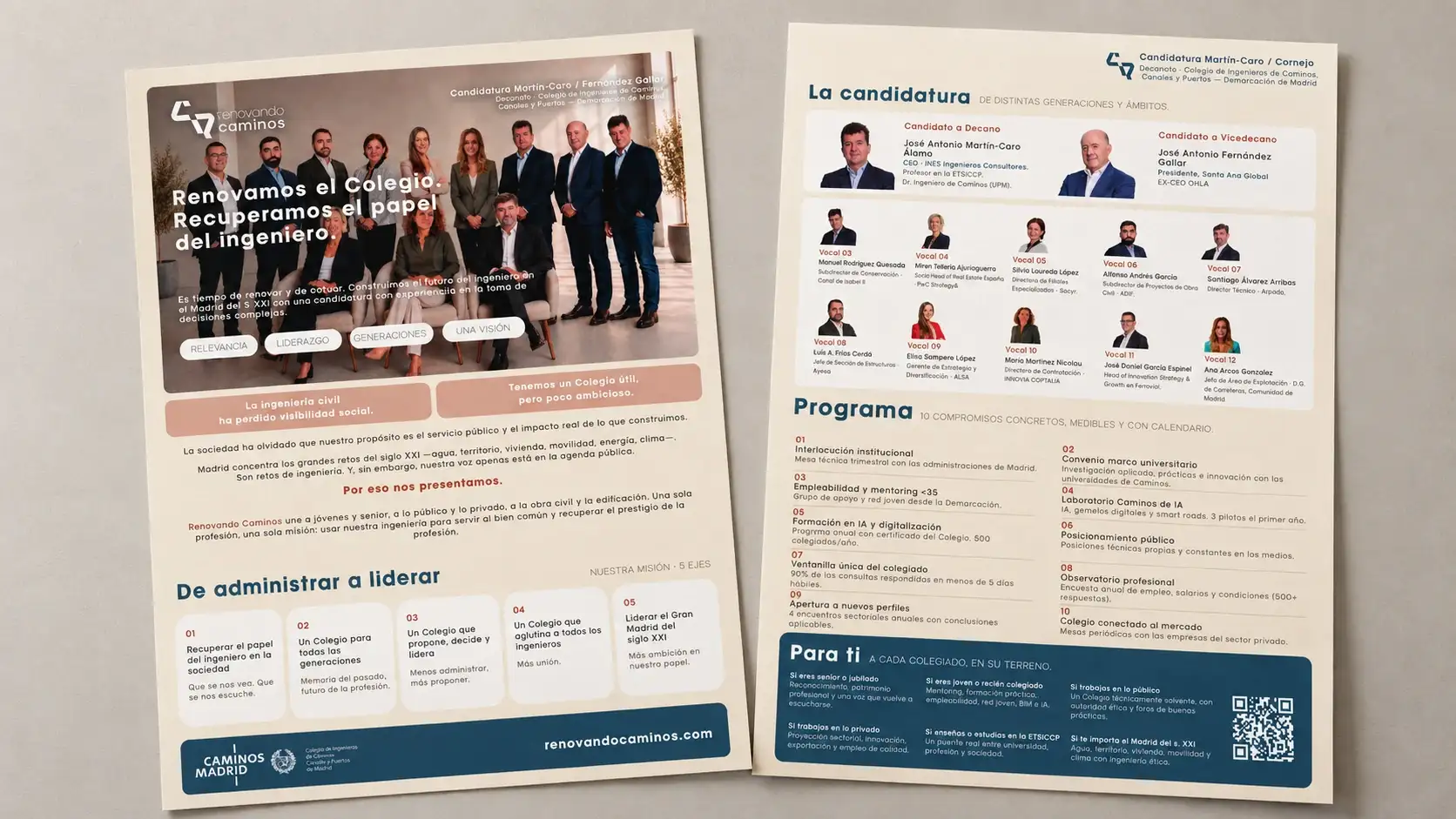 Folleto de la candidatura Renovando Caminos: portada con el equipo y reverso con el programa de diez compromisos.