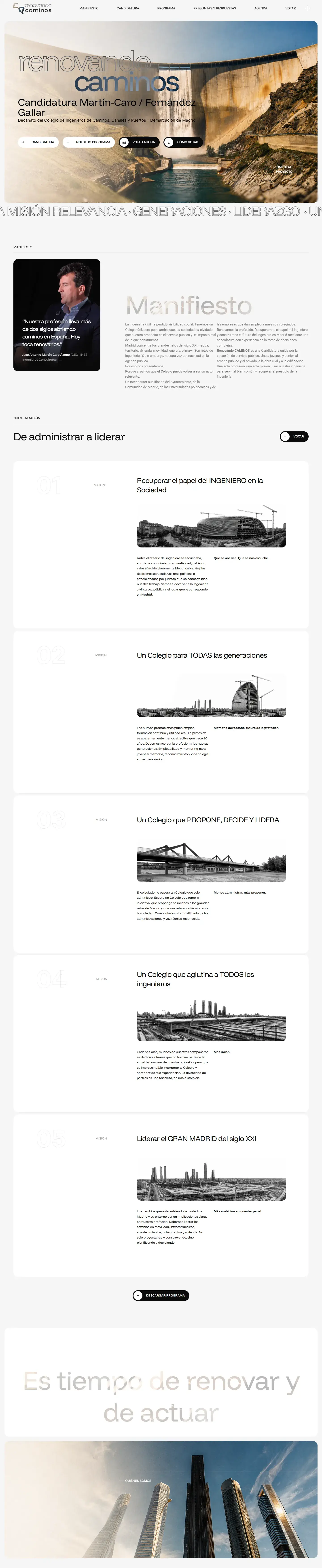 Web de Renovando Caminos: portada de la candidatura, manifiesto y los cinco ejes del programa.
