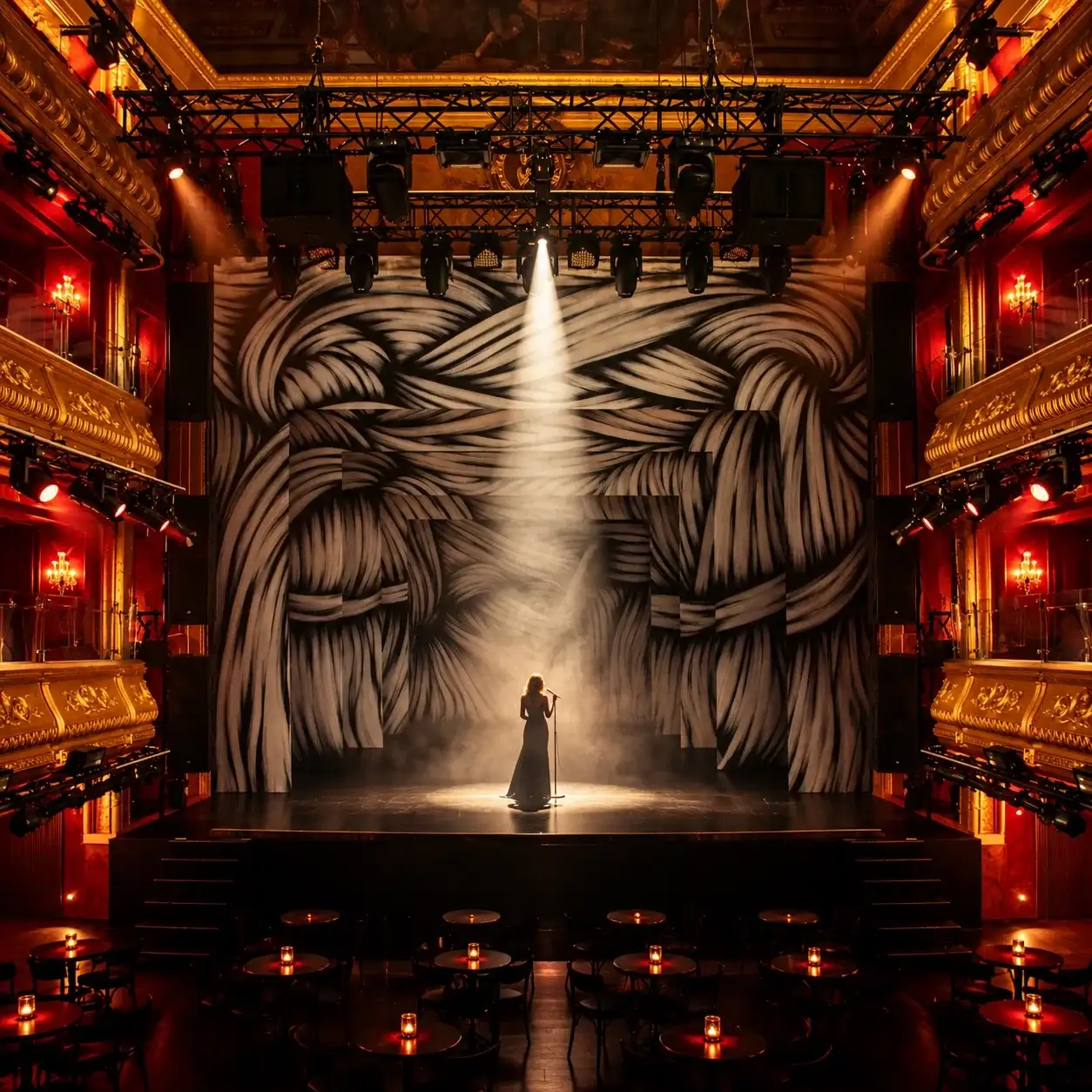 Escenario de un teatro histórico con palcos dorados, una cantante bajo un foco y mesas con velas en primer plano.