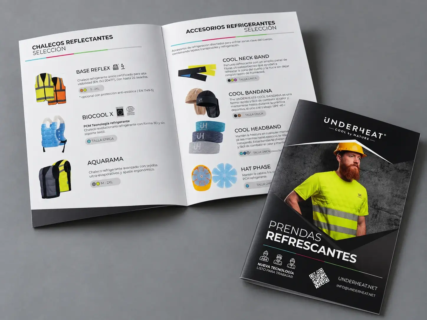 Catálogo «Prendas refrescantes» de Underheat: portada con un operario y páginas interiores de chalecos y accesorios refrigerantes.