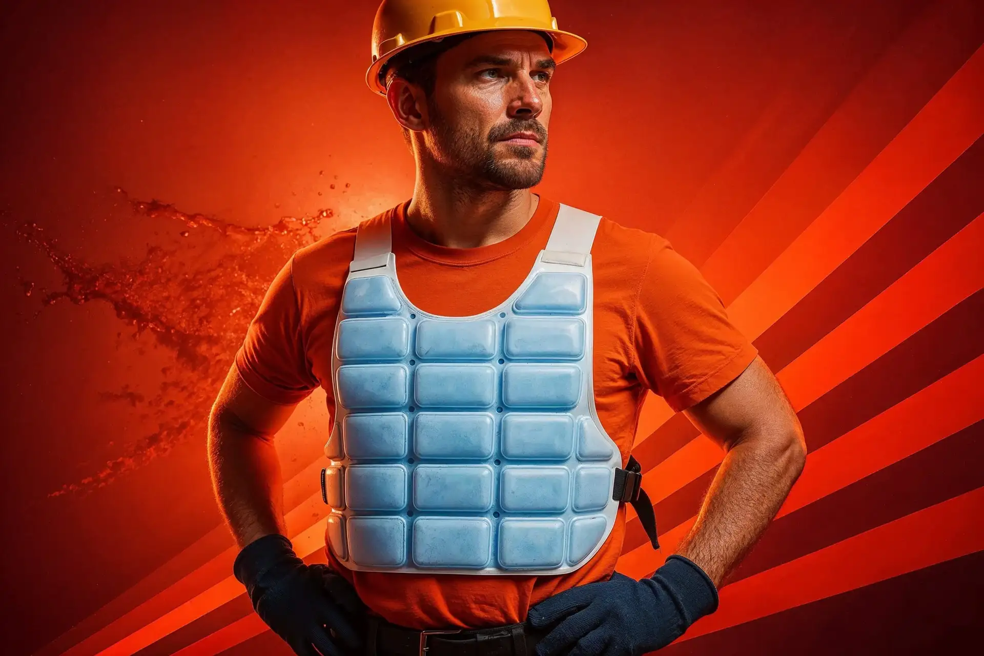 Operario con casco y chaleco refrigerante Underheat sobre fondo naranja con salpicaduras de agua.