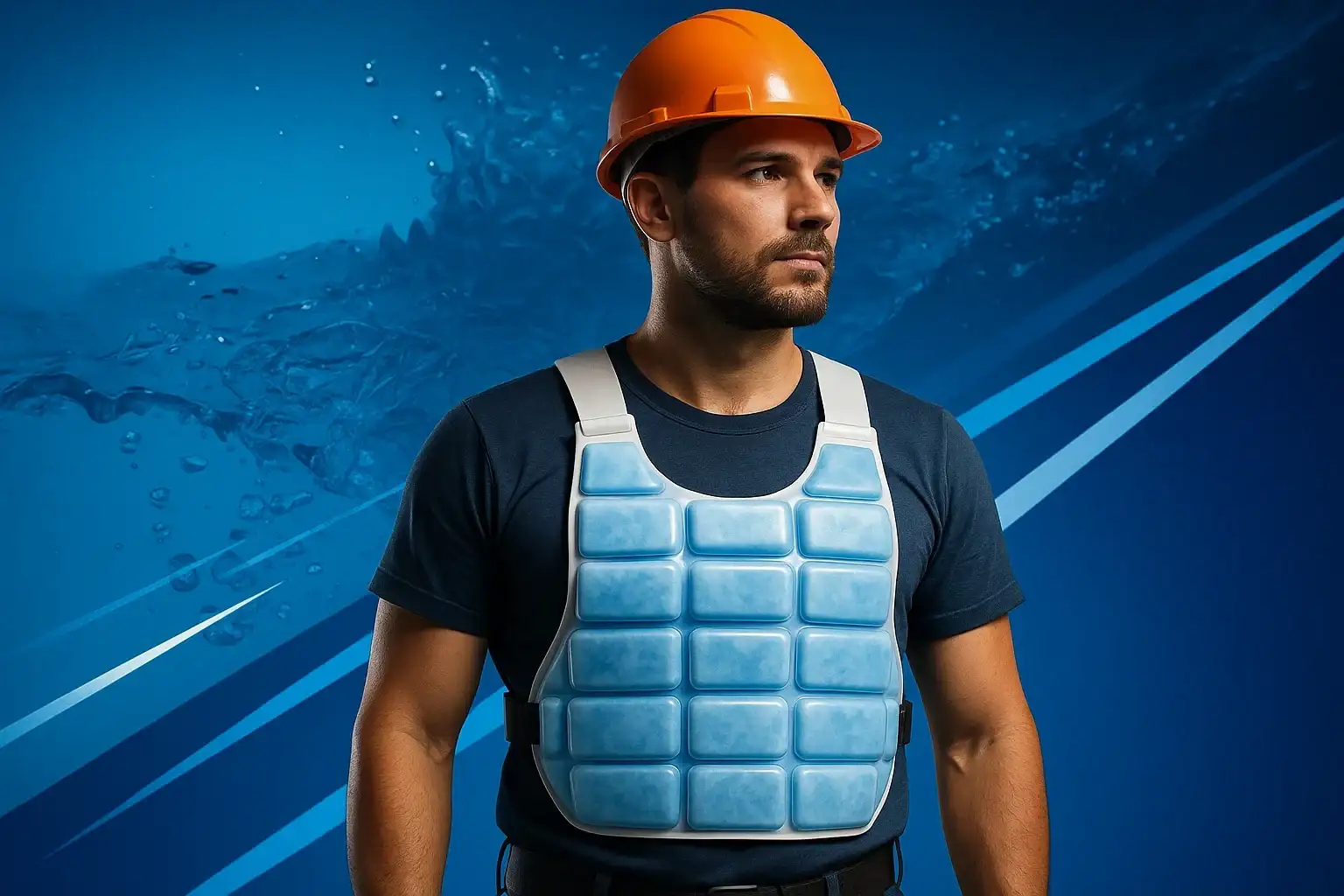 Operario con casco y chaleco refrigerante Underheat sobre fondo azul con agua.