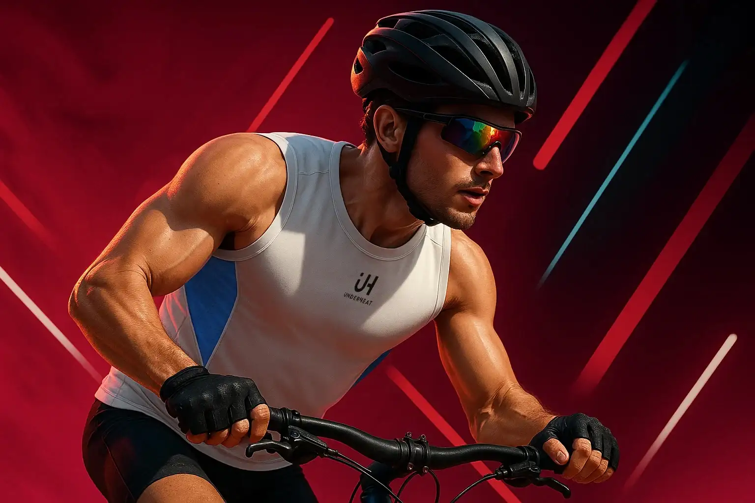 Ciclista con camiseta técnica refrigerante Underheat sobre fondo rojo con líneas de luz.