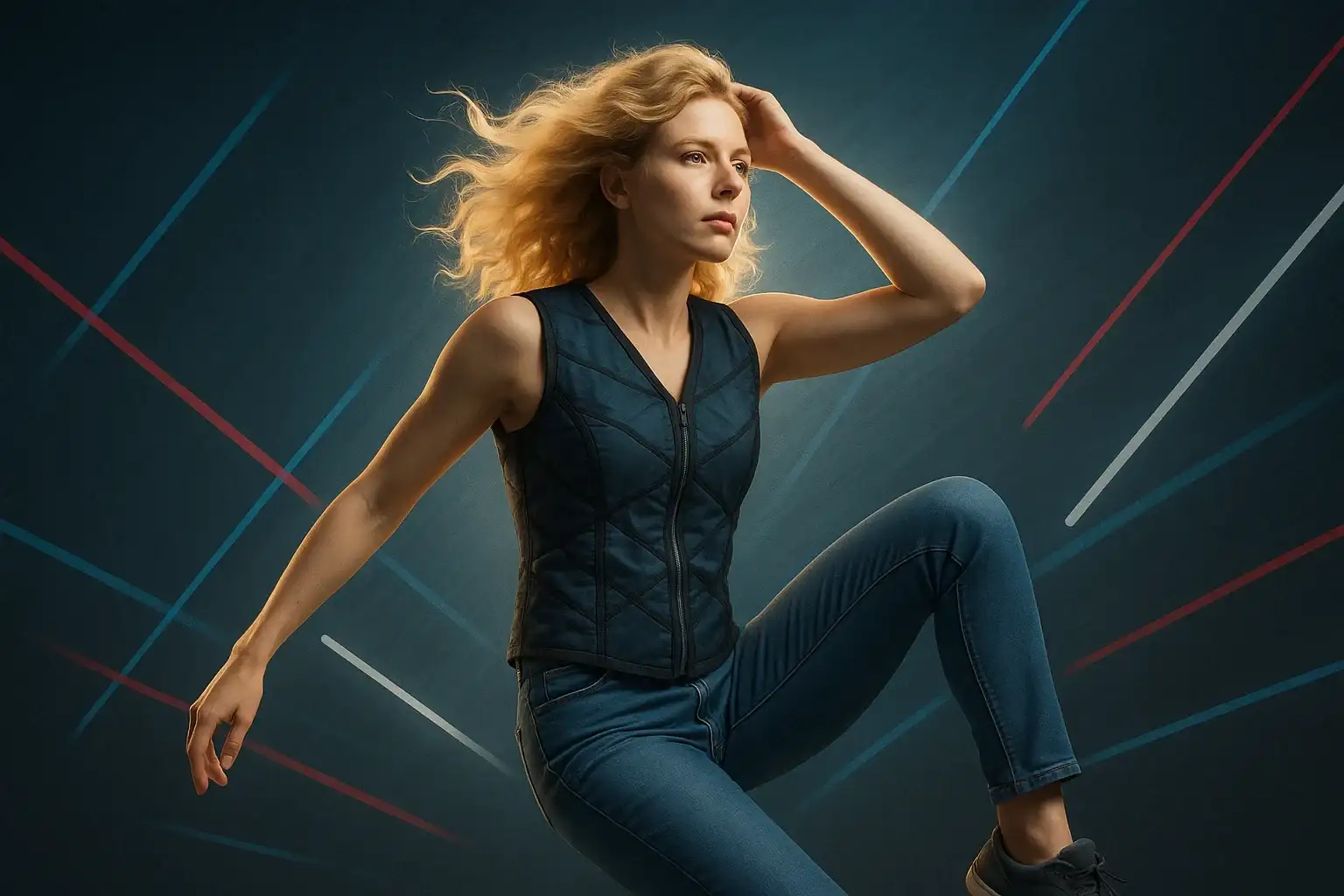 Mujer en movimiento con chaleco refrigerante Underheat sobre fondo azul.