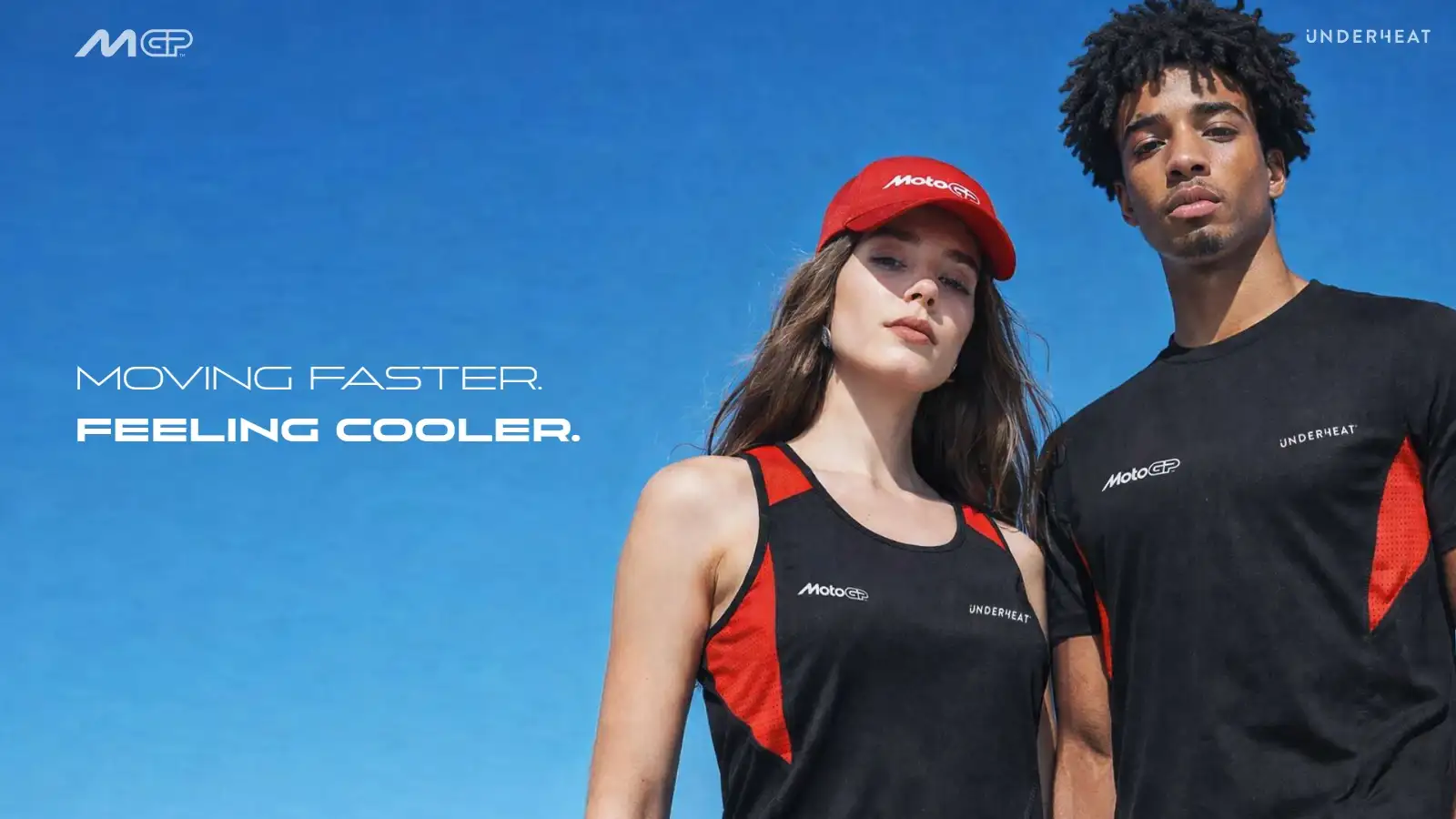 Propuesta: pareja con gorra y camiseta refrigerantes MotoGP by Underheat.