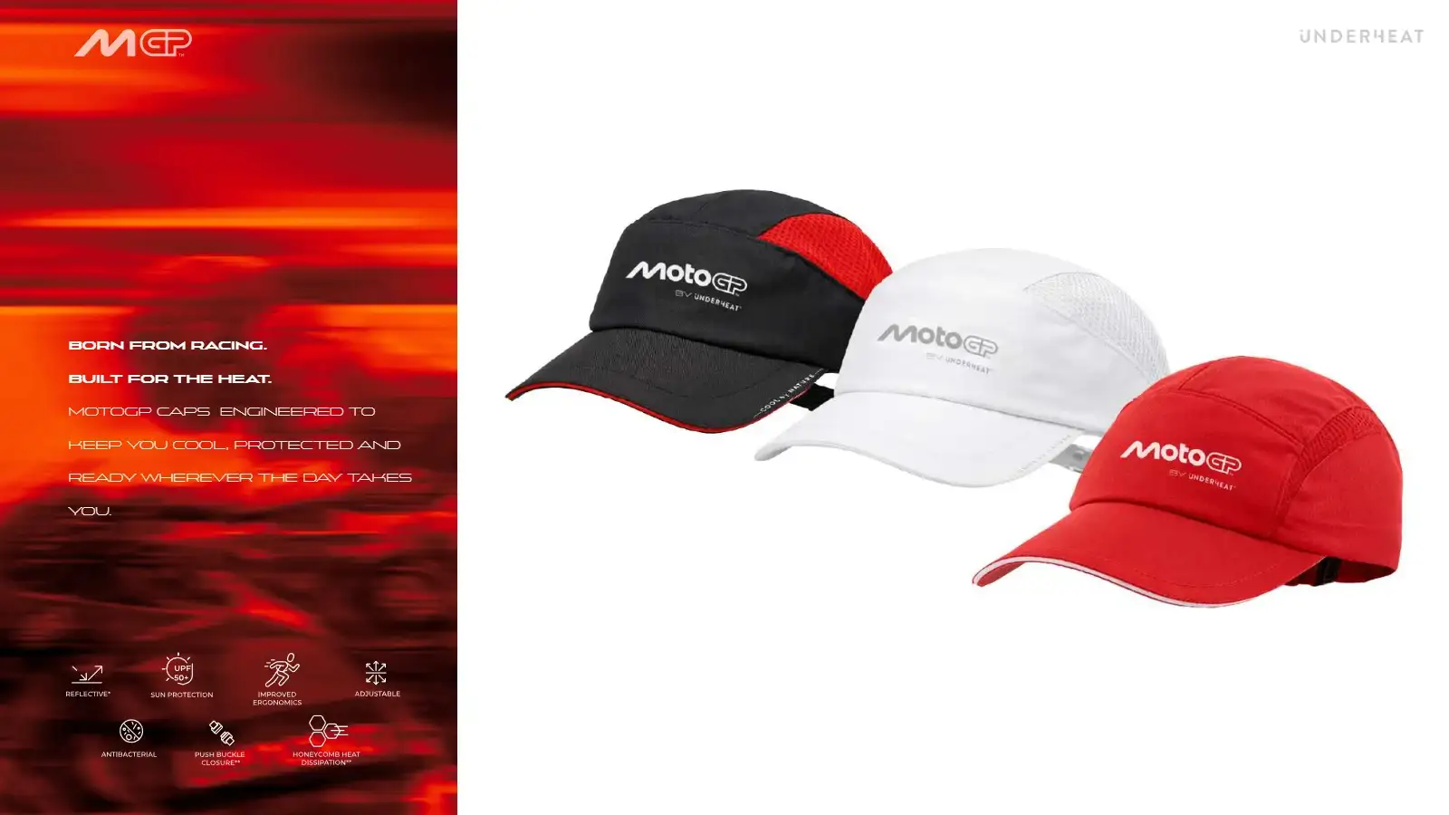 Propuesta: gorras refrigerantes MotoGP by Underheat en negro, blanco y rojo.