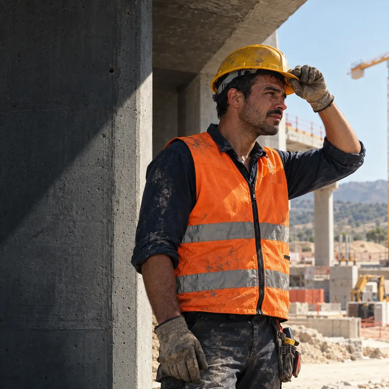 Operario con casco y chaleco refrigerante naranja de Underheat en una obra a pleno sol.