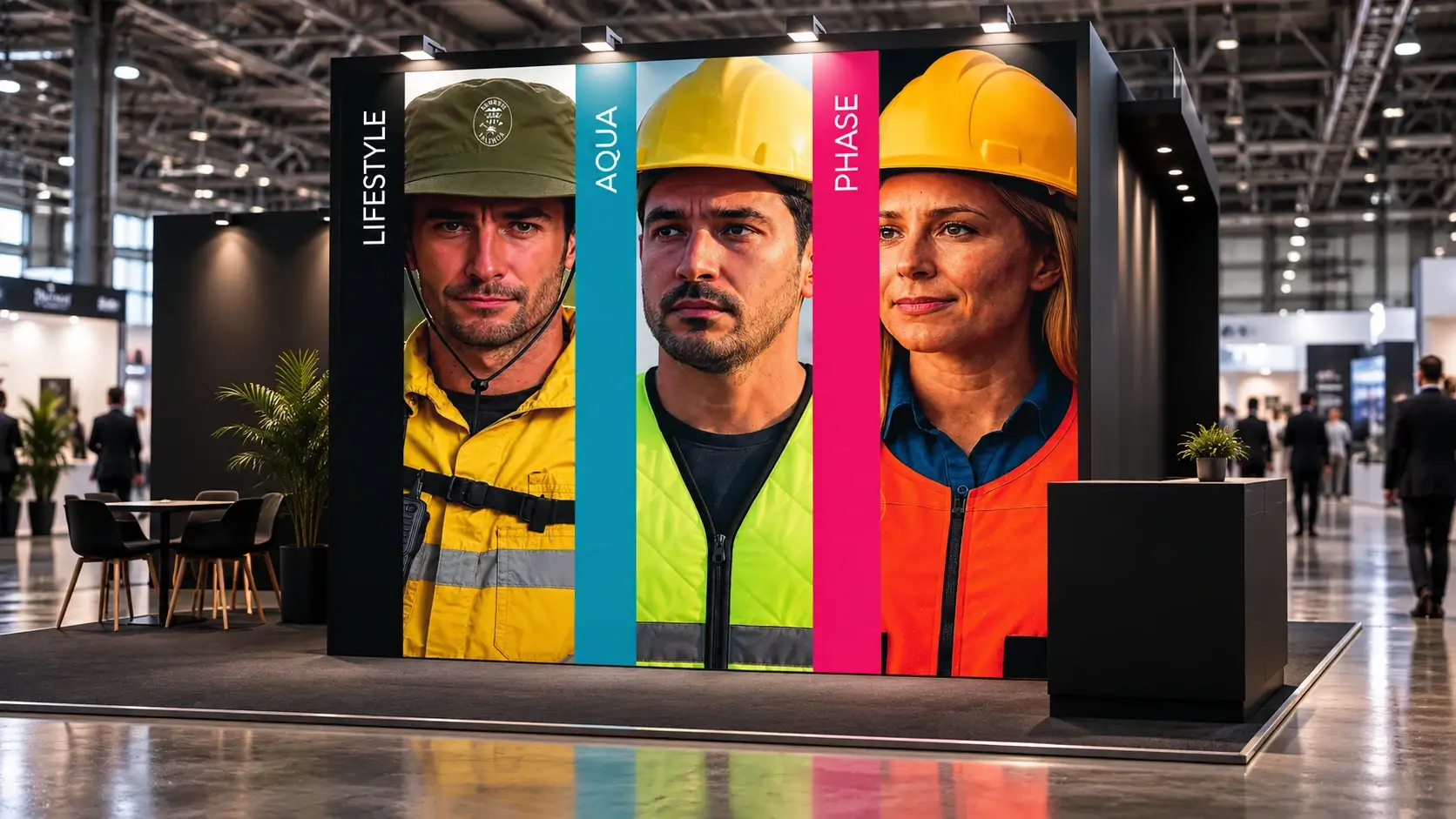 Stand de Underheat en una feria con tres paneles: Lifestyle, Aqua y Phase, cada uno con su color y un profesional con el producto.