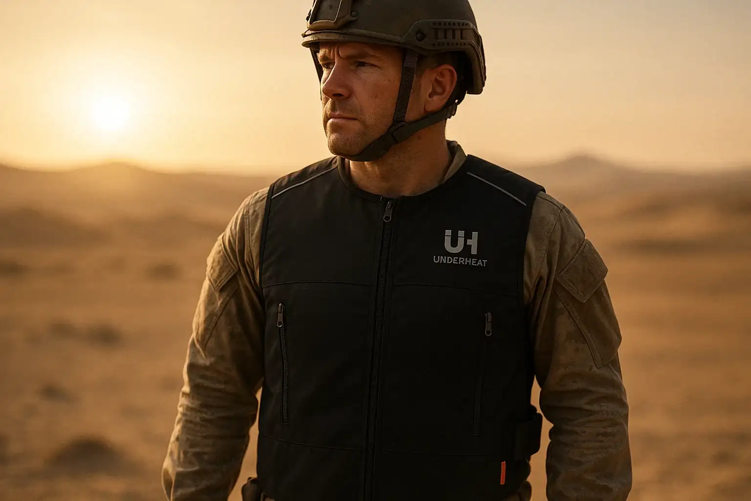 Soldado con chaleco refrigerante Underheat en el desierto al atardecer.
