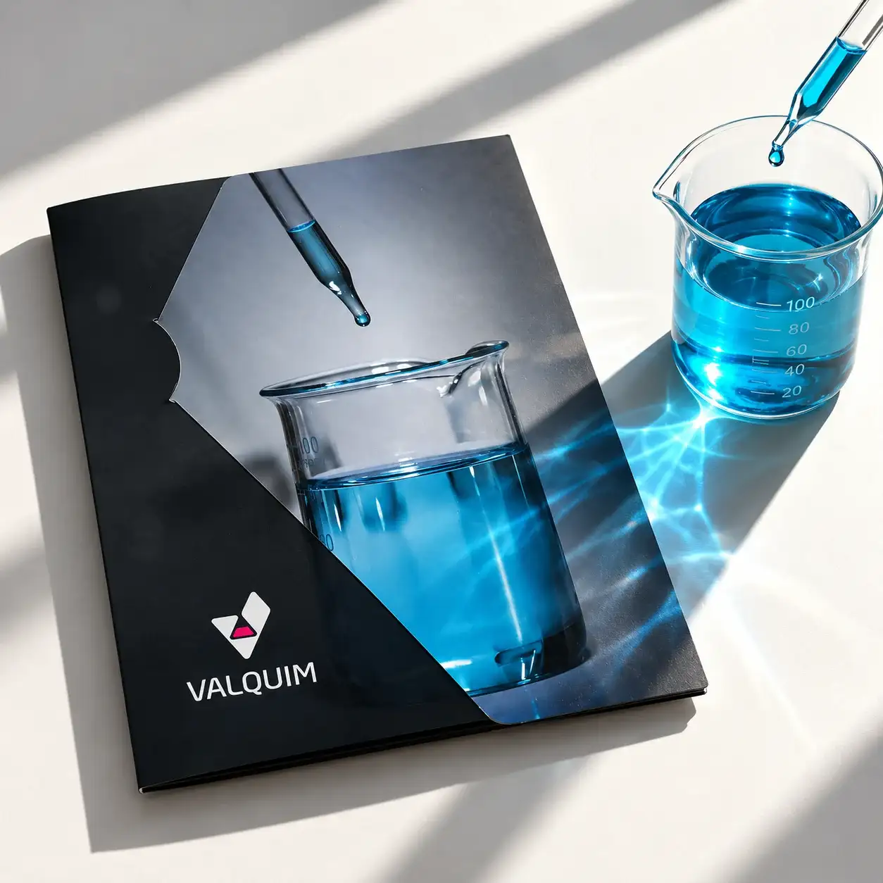 Carpeta de Valquim sobre una mesa a pleno sol, junto a un vaso de laboratorio con líquido azul que proyecta reflejos.
