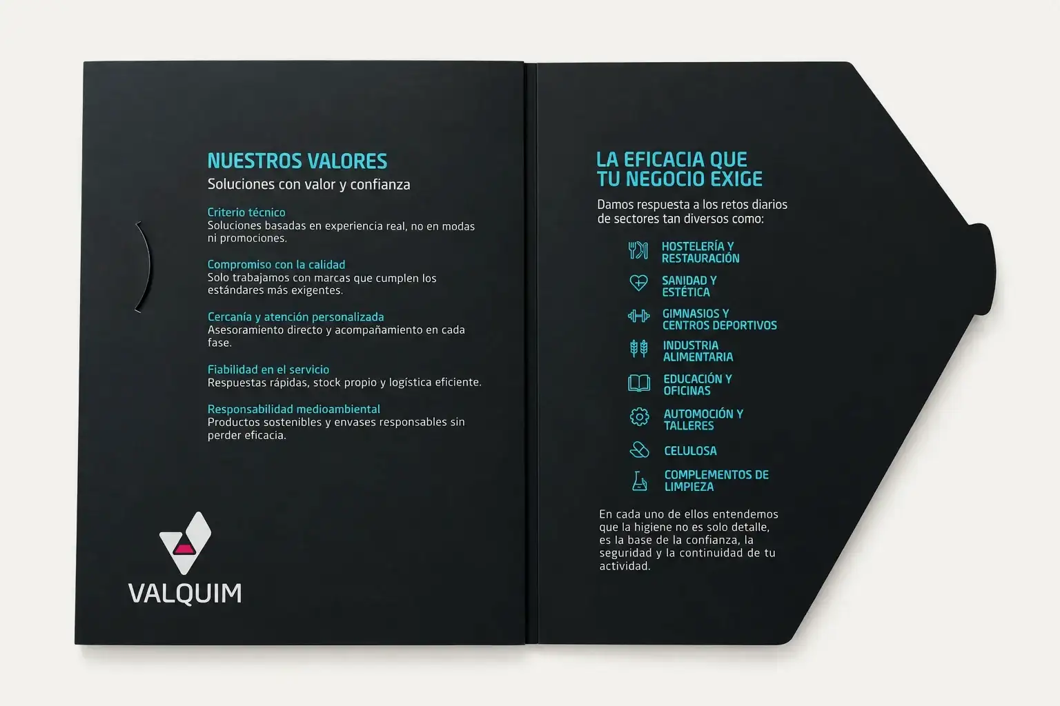 Interior del catálogo de Valquim en negro: valores de la empresa y los sectores a los que da servicio, en azul.