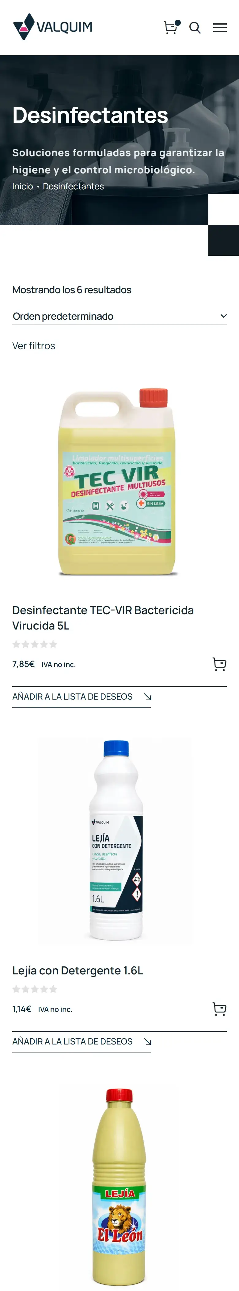 Categoría de desinfectantes en la tienda de Valquim, en el móvil.
