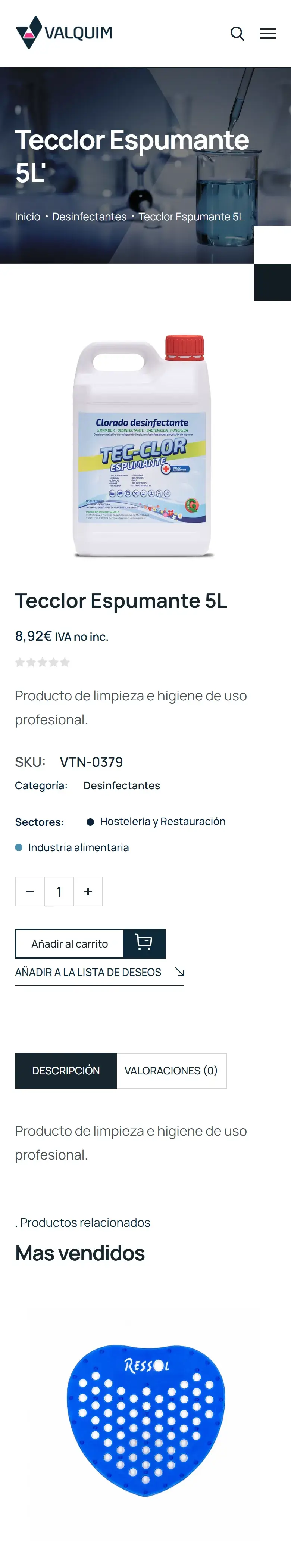 Ficha de producto de Valquim en el móvil, con precio y sectores de uso.