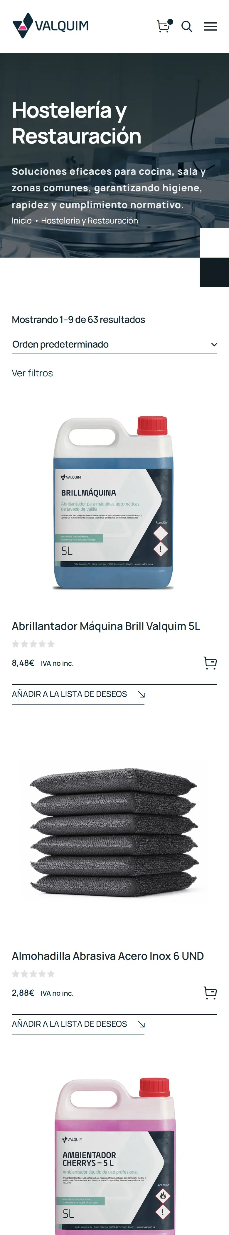 Página del sector hostelería y restauración de Valquim, en el móvil.