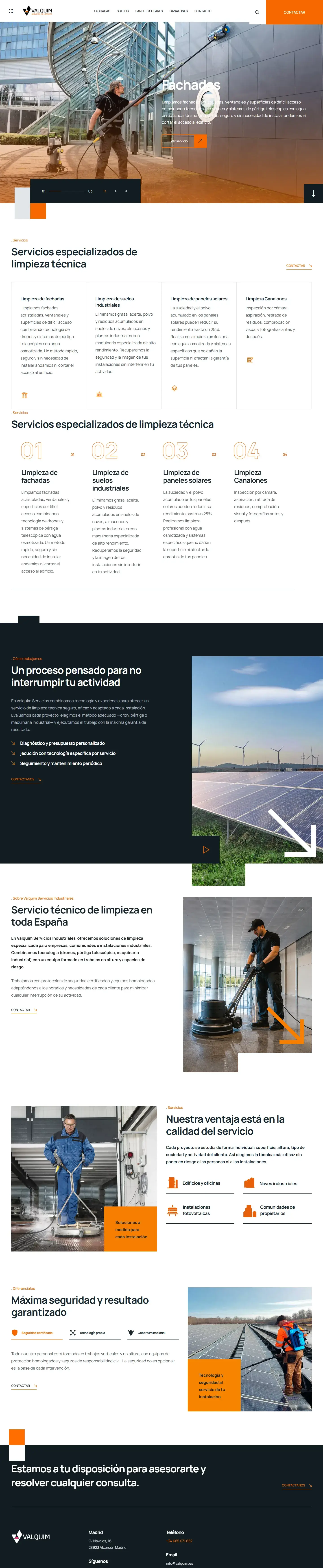 Web de Valquim Servicios: limpieza técnica de fachadas, suelos industriales, paneles solares y canalones.