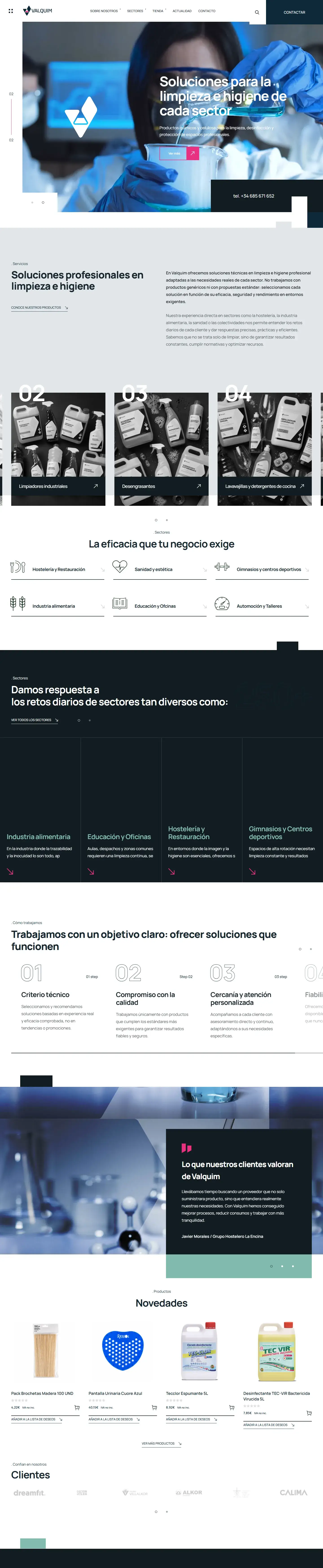 Web de Valquim: «Soluciones para la limpieza e higiene de cada sector», familias de producto y sectores.
